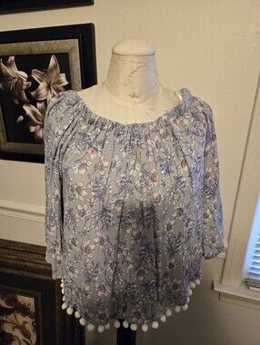 NWT Current + Project Floral Off Shoulder Pom Pom Blouse Women's Medium Boho Top